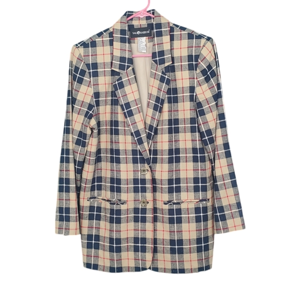 Vintage 90s Plaid Linen Two Button Single Breasted Blazer Workwear Fall Preppy - Picture 4 of 6